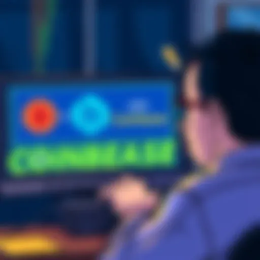 An illustration of a confused person looking at a computer screen showing the BNB Smart Chain and Coinbase logos, representing a mistake in sending ETH.