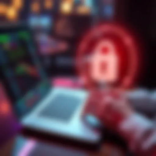 Sending funds to Iran A person using a laptop to send funds online, with a lock symbol representing security around a digital wallet, emphasizing safe transactions.