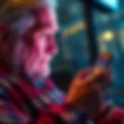 An elderly man looking at his smartphone screen with Bitcoin prices, showing interest in cryptocurrency
