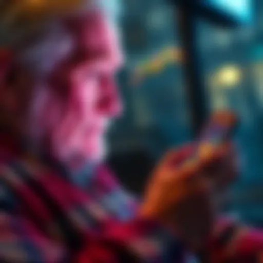 An elderly man looking at his smartphone screen with Bitcoin prices, showing interest in cryptocurrency