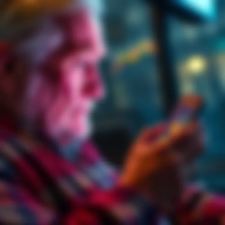 An elderly man looking at his smartphone screen with Bitcoin prices, showing interest in cryptocurrency
