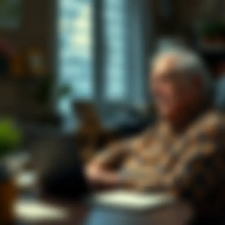 A 72-year-old man sitting at a desk, looking at a laptop with Bitcoin charts and bank wire options on the screen, appearing thoughtful about his investment choices.