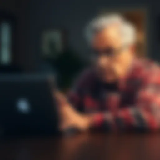 A senior man with gray hair sits at a table, looking worried while staring at a laptop, trying to access his Coinbase wallet