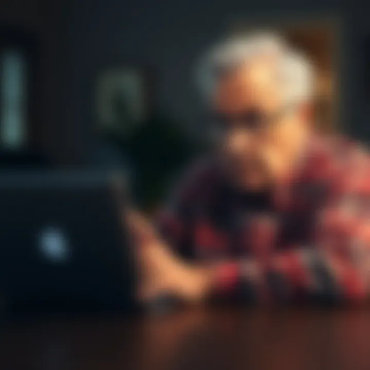 A senior man with gray hair sits at a table, looking worried while staring at a laptop, trying to access his Coinbase wallet