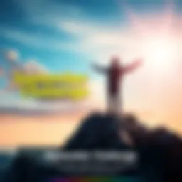 A person standing on a mountain peak, looking at the horizon with outstretched arms, symbolizing new goals and opportunities.