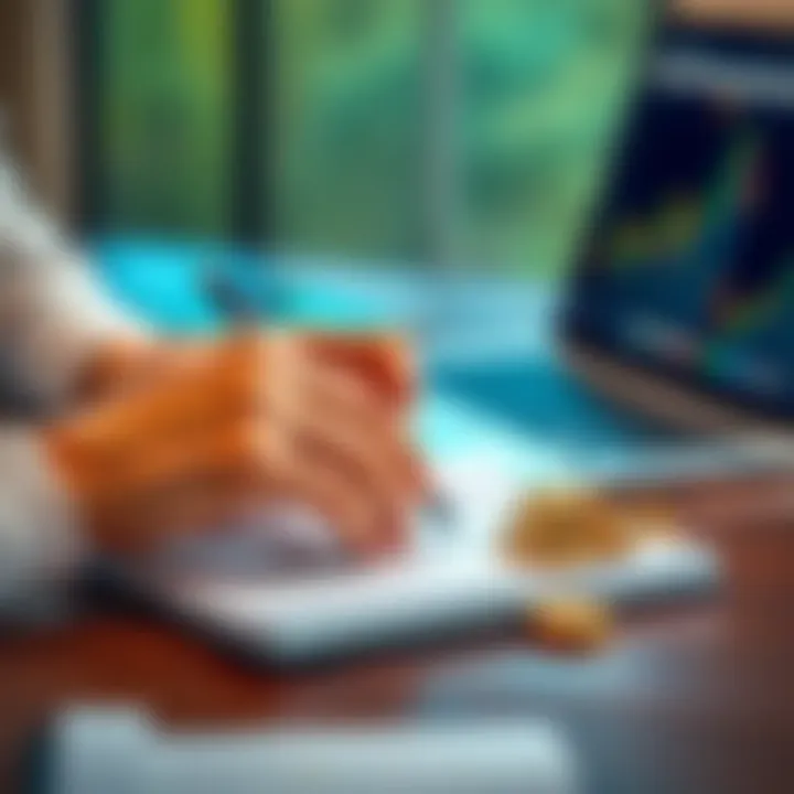 Setting Cryptocurrency Spending Rules Person writing spending rules for cryptocurrency on a notebook with coins and a laptop in the background.
