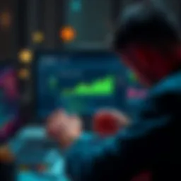 A person setting up a crypto wallet on a computer with digital currency icons around