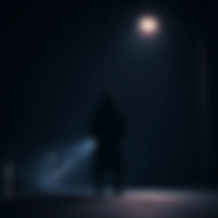 A dark silhouette of a shadowy figure standing under a streetlight, with an eerie glow illuminating the surroundings.
