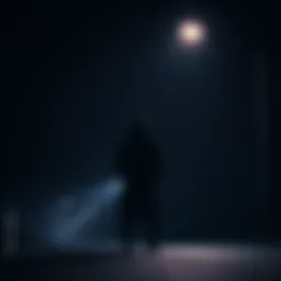 Shadowy Figure in Darkness A dark silhouette of a shadowy figure standing under a streetlight, with an eerie glow illuminating the surroundings.