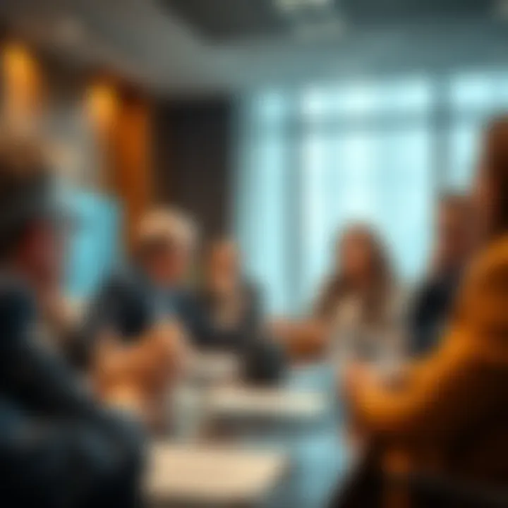 A group of shareholders discussing recent management decisions in a conference room, showing concern and curiosity on their faces.