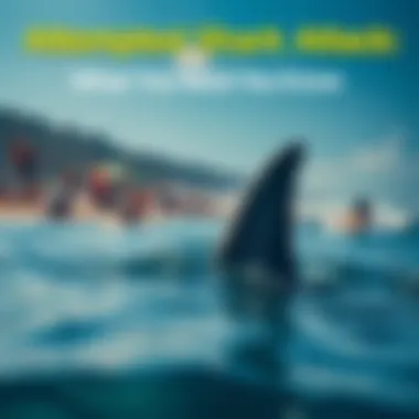 A shark fin is seen in the water close to a crowded beach with people swimming