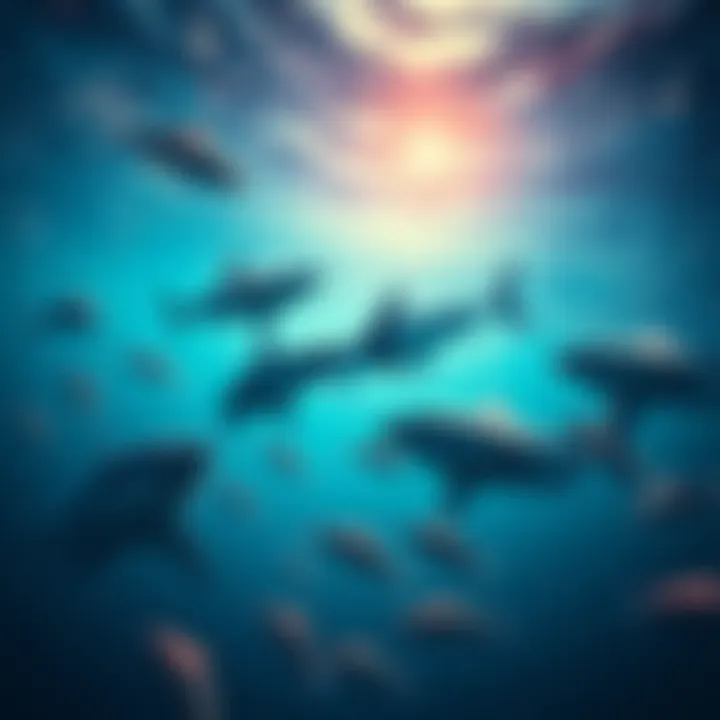 A depiction of sharks circling in water, representing larger traders manipulating the market while smaller fish represent retail traders caught in the trap.