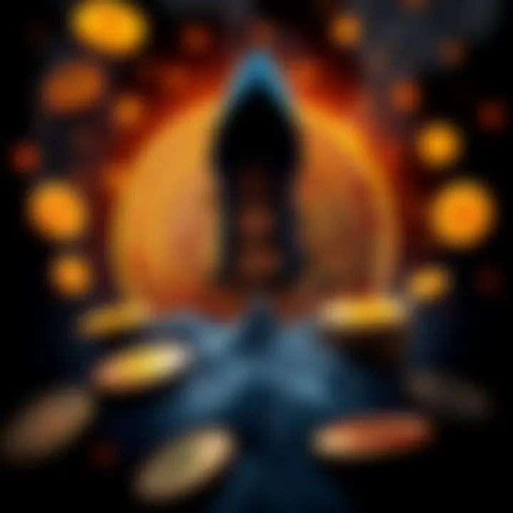 Illustration depicting Bitcoin coins and a shadowy figure symbolizing Shatoshi Nakamoto's unknown status.