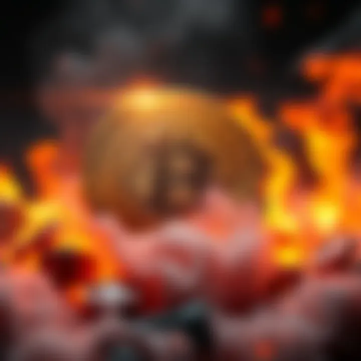 A visualization of 410 trillion SHIB tokens being burned, represented by flames and smoke in the background, indicating a significant reduction in supply.