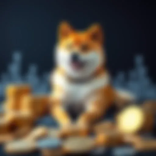 A Shiba Inu dog sitting alongside coins representing cryptocurrency growth and potential profits, symbolizing investment success.