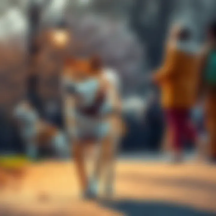 A Shiba Inu walking calmly on a leash, ignoring other dogs nearby.