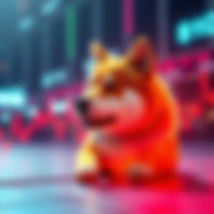 Visual representation of Shiba Inu Coin with fluctuating graph lines indicating price struggles despite high transaction volumes.