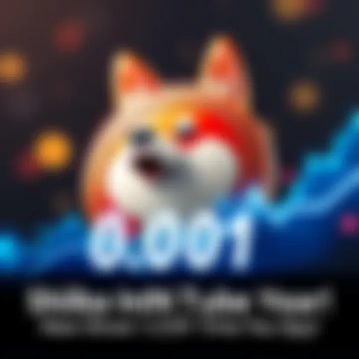A graphic showing Shiba Inu coin with a chart illustrating upward market trends and price predictions.