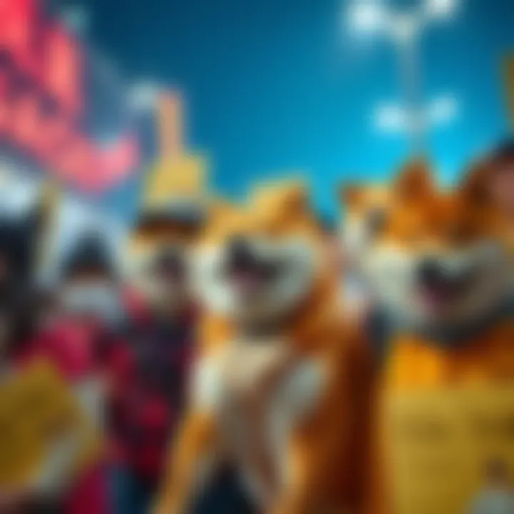 Group of Shiba Inu fans sharing laughs and hope for market recovery, holding signs and wearing themed clothing.