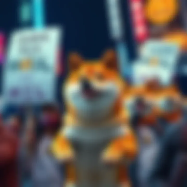 Shiba Inu Community Rally A group of Shiba Inu enthusiasts holding signs showing their support for HODL and celebrating their investments. Some people are wearing Shiba Inu merchandise.