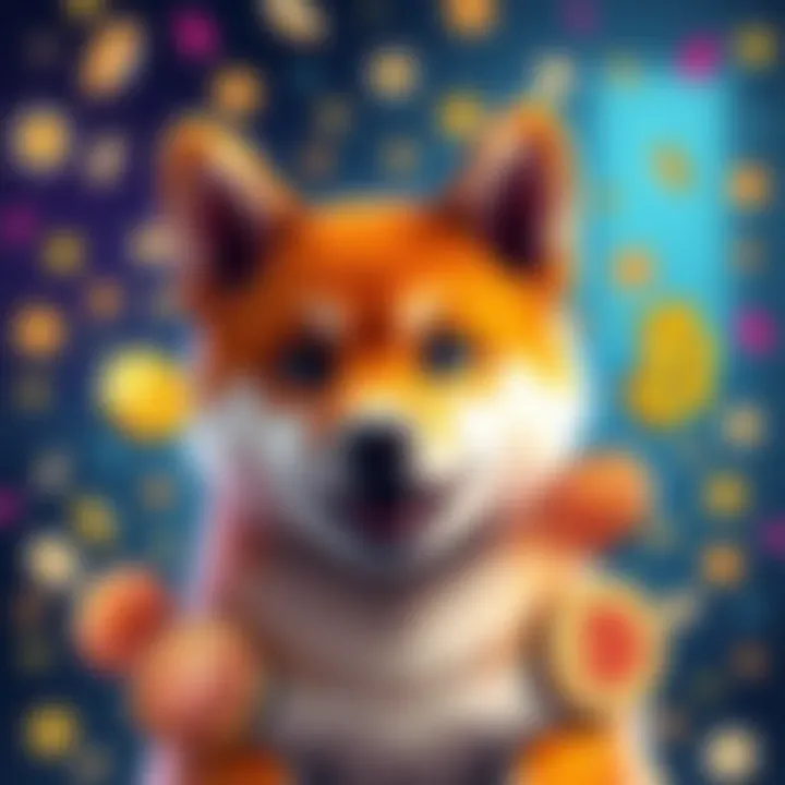 A playful Shiba Inu surrounded by symbols of cryptocurrency, representing the $MANYU trend.