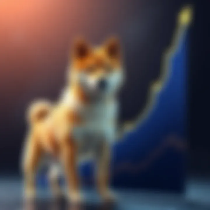 A Shiba Inu dog standing next to a rising cryptocurrency chart, symbolizing its price surge