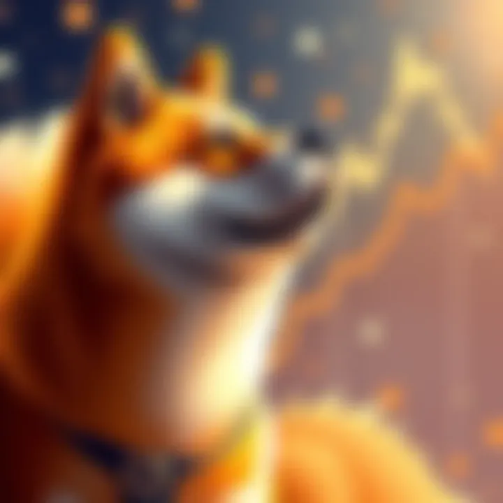 Graph showing the price increase of Shiba Inu cryptocurrency with a Shiba Inu dog illustration in the background