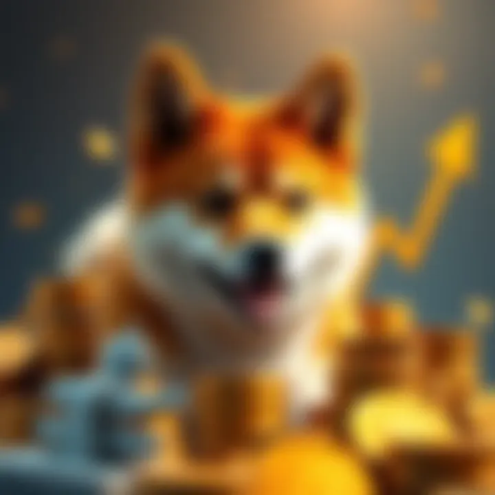 A Shiba Inu dog surrounded by coins and a graph showing upward trends, symbolizing wealth potential.