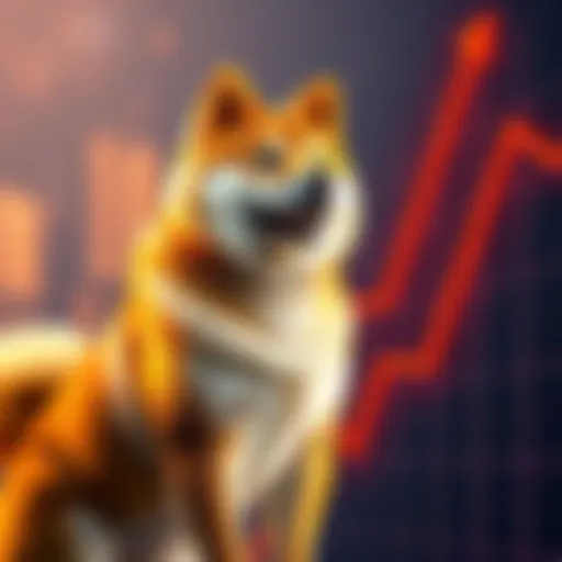 A Shiba Inu dog stands next to a graph showing a sharp rise, symbolizing potential price surge in cryptocurrency.