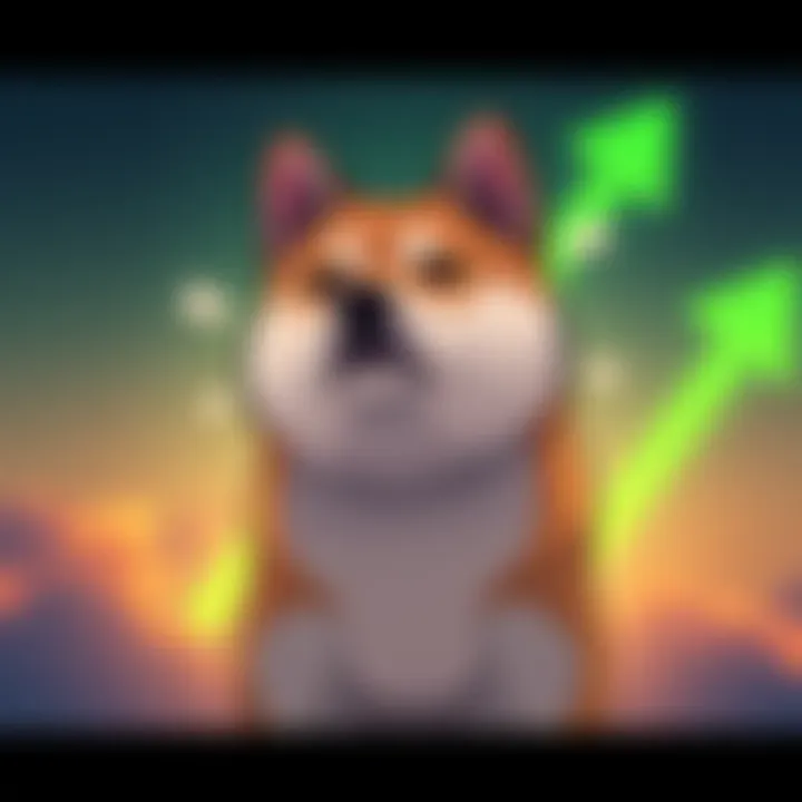 A Shiba Inu dog illustration with a green upward arrow in the background, symbolizing a potential price rally in Shiba Inu cryptocurrency.