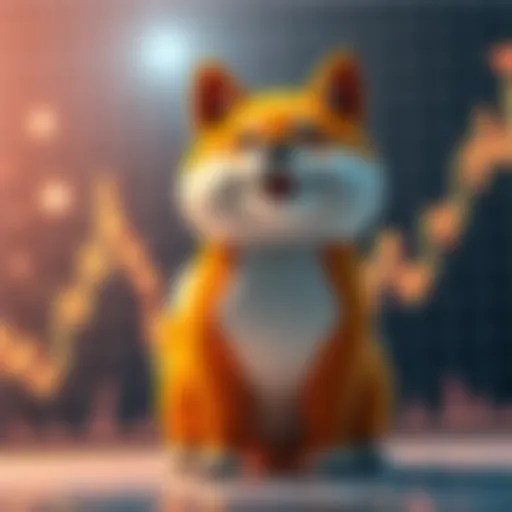 A Shiba Inu dog mascot appears in front of a financial market chart showing an upward trend, symbolizing hopes for the coin's value increase by 2025.