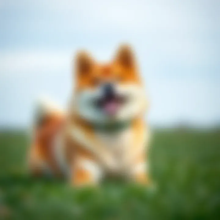 A Shiba Inu dog with a playful look, sitting on grass and wagging its tail, showcasing its cat-like personality.