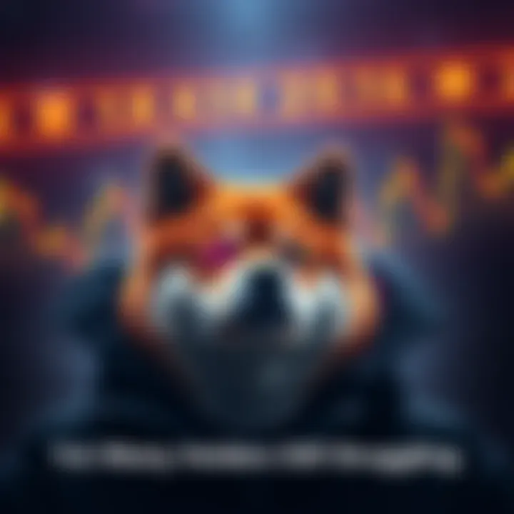 Graphic showing Shiba Inu price surge with fluctuating market trends and unhappy investors looking at their losses