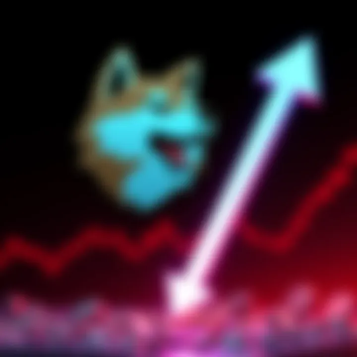 The Shiba Inu cryptocurrency logo next to a downward arrow symbolizing a price drop