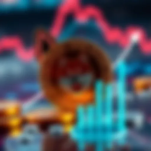 Graphic showing a Shiba Inu coin with upward trend lines indicating price predictions