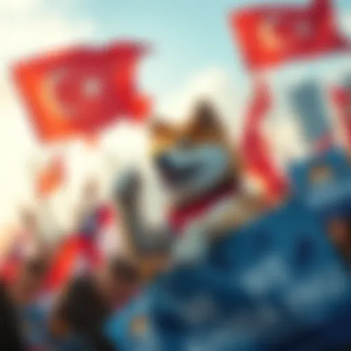 A crowd of people holding Shiba Inu banners at a rally, celebrating the community-driven coin's growth, with a backdrop of flags and city skyline.