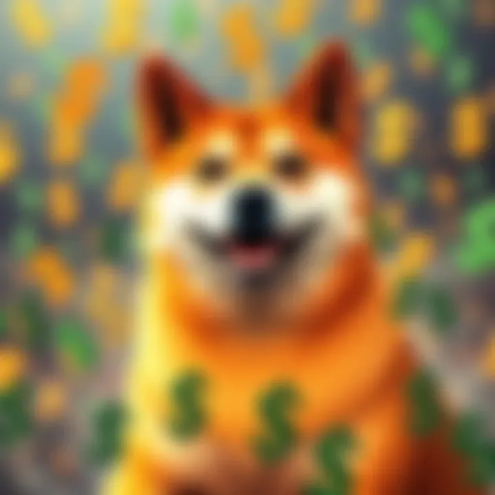 A Shiba Inu dog surrounded by dollar signs, symbolizing potential wealth from cryptocurrency investments.