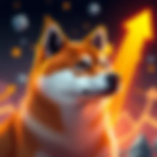 A graphic representation of Shiba Inu token surging in price after significant burns, with a Shiba Inu dog and upward trending arrows in the background.