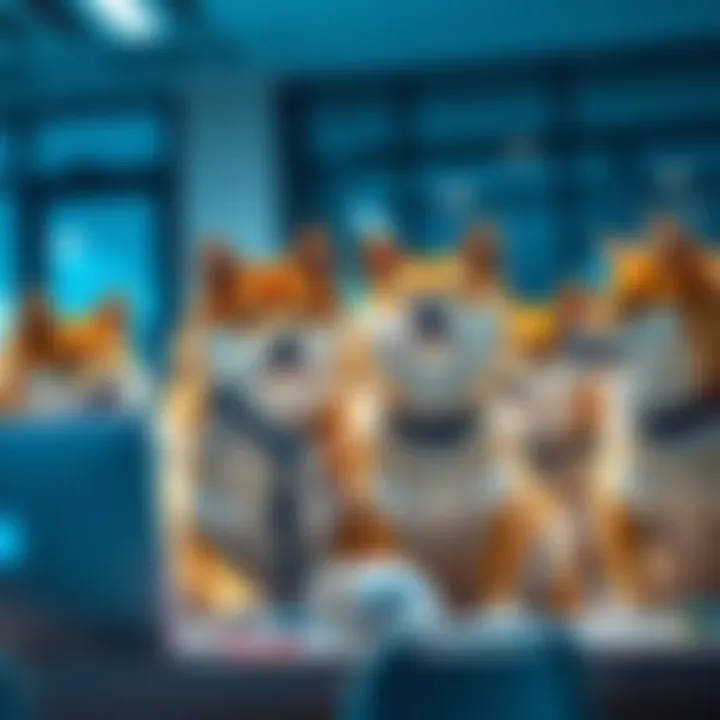 Group of Shiba Inu traders discussing market trends and profit-taking strategies in a bright office setting