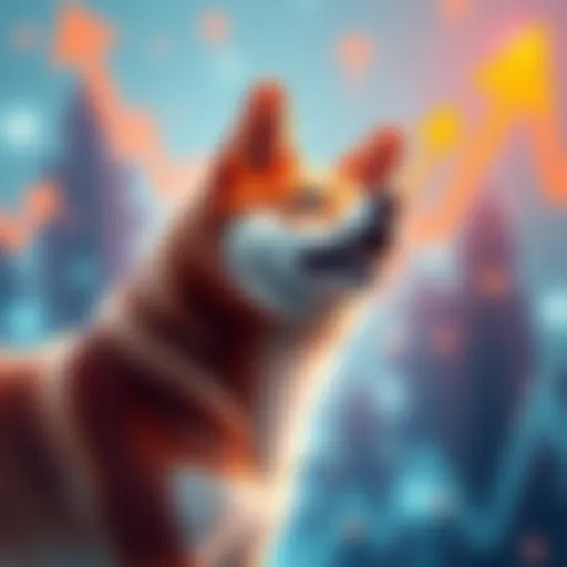 A Shiba Inu dog graphic representing a trading surge in cryptocurrency, with upward arrows indicating a bullish trend.