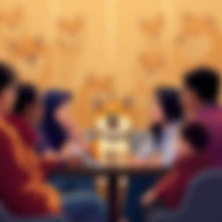 A group of people engaging in a lively discussion about the shibarmy and its values, with Shiba Inu dog images in the background.