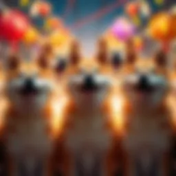 A group of happy Shibe dogs radiating positivity and joy, surrounded by colorful decorations