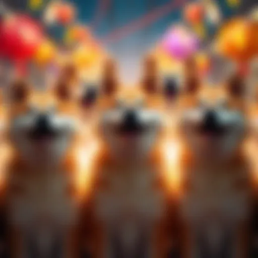 A group of happy Shibe dogs radiating positivity and joy, surrounded by colorful decorations