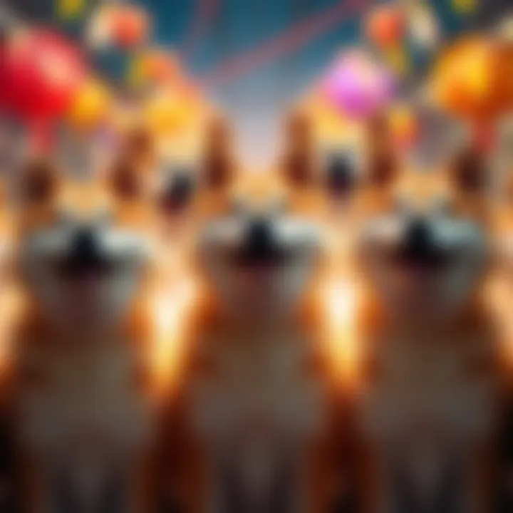 A group of happy Shibe dogs radiating positivity and joy, surrounded by colorful decorations