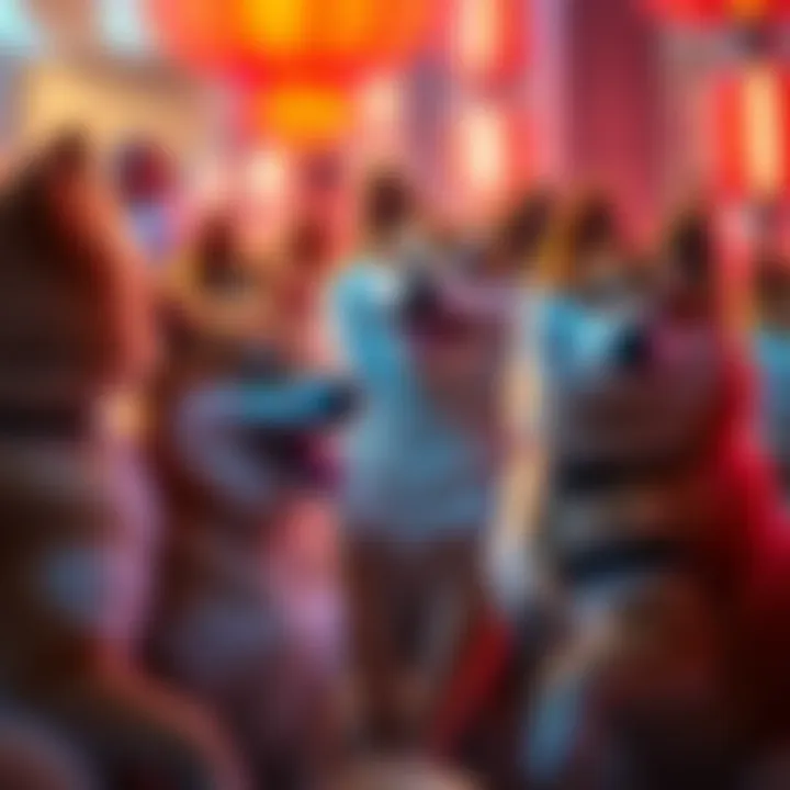 A group of shibes gathered together, sharing joy and camaraderie in a vibrant setting.