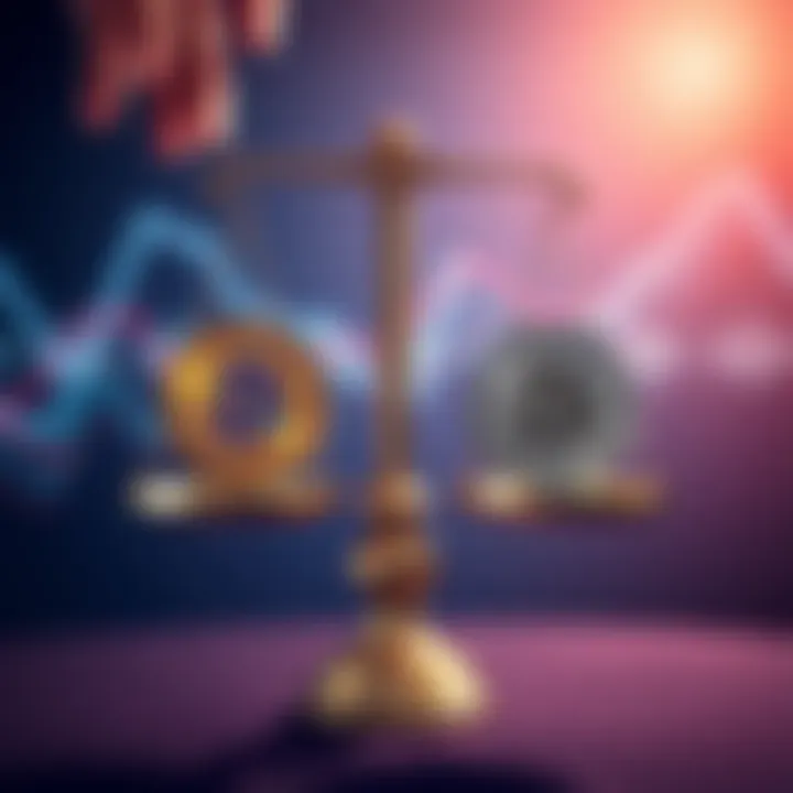 Graphic showing a person weighing Bitcoin and altcoins against yield-bearing stablecoins on a scale, symbolizing the shift in investment focus.