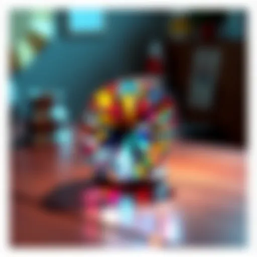 A sparkling gem displayed on a wooden table, reflecting light and showcasing its colorful facets.