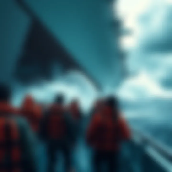 A ship tilting with water pouring in, passengers wearing life jackets preparing for evacuation.