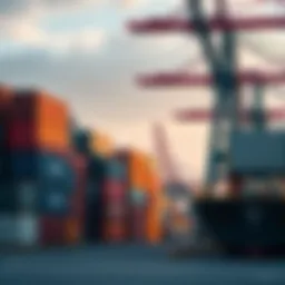 A row of shipping containers stacked at a busy dock, highlighting the role of shipping in the economy.