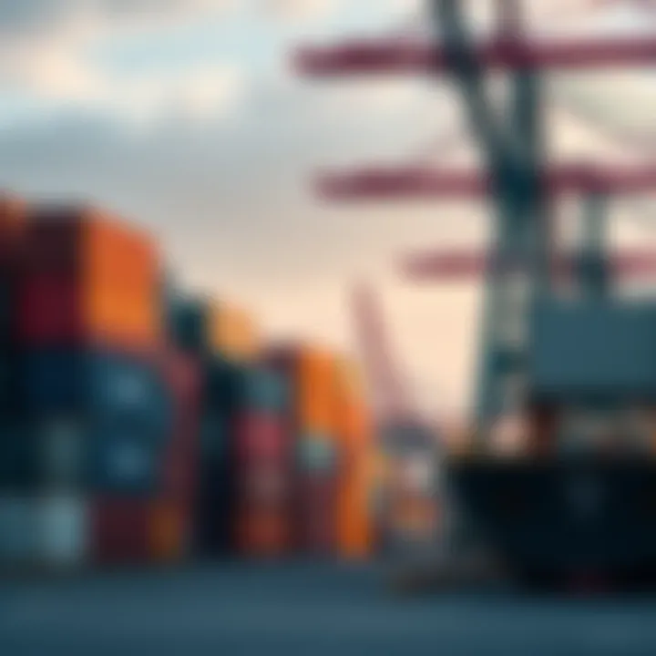 A row of shipping containers stacked at a busy dock, highlighting the role of shipping in the economy.